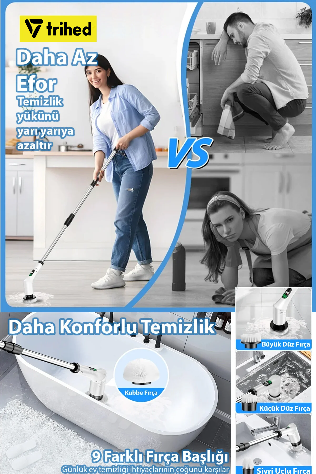 Trihed 9 Başlıklı Şarjlı Temizlik Fırçası