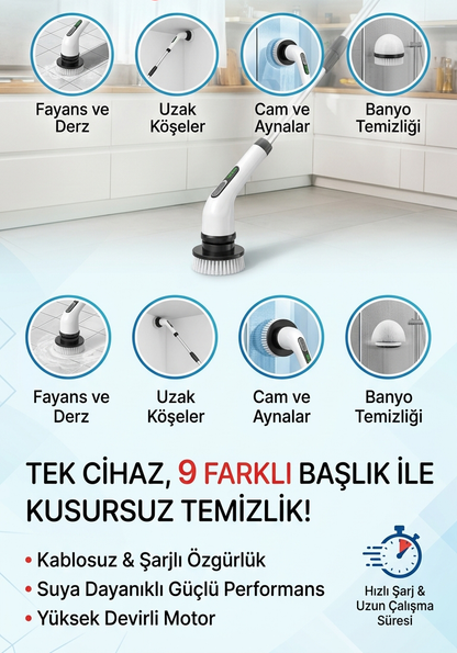 Trihed 9 Başlıklı Şarjlı Temizlik Fırçası